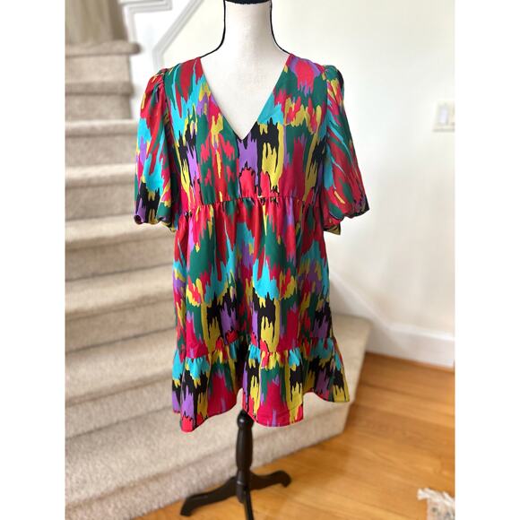 Crosby by Mollie Burch Red Multicolor Abstract Ikat Print Puff Sleeve Dress - Picture 1 of 6